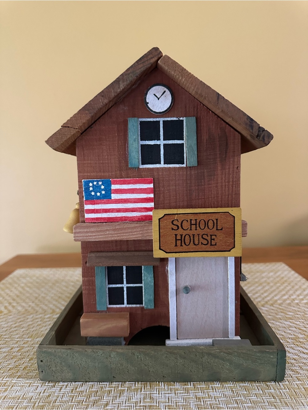 Wooden School House Decorative Bird feeder Brown with Green Accents